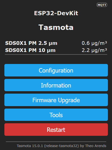 Tasmota-Statusseite mit den Sensorwerten