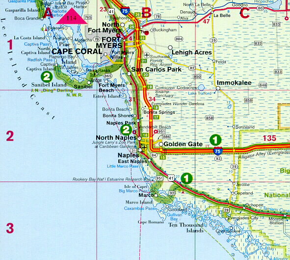 Kartenausschnitt Südwest-Florida mit Lage Airport Fort Myers und Naples